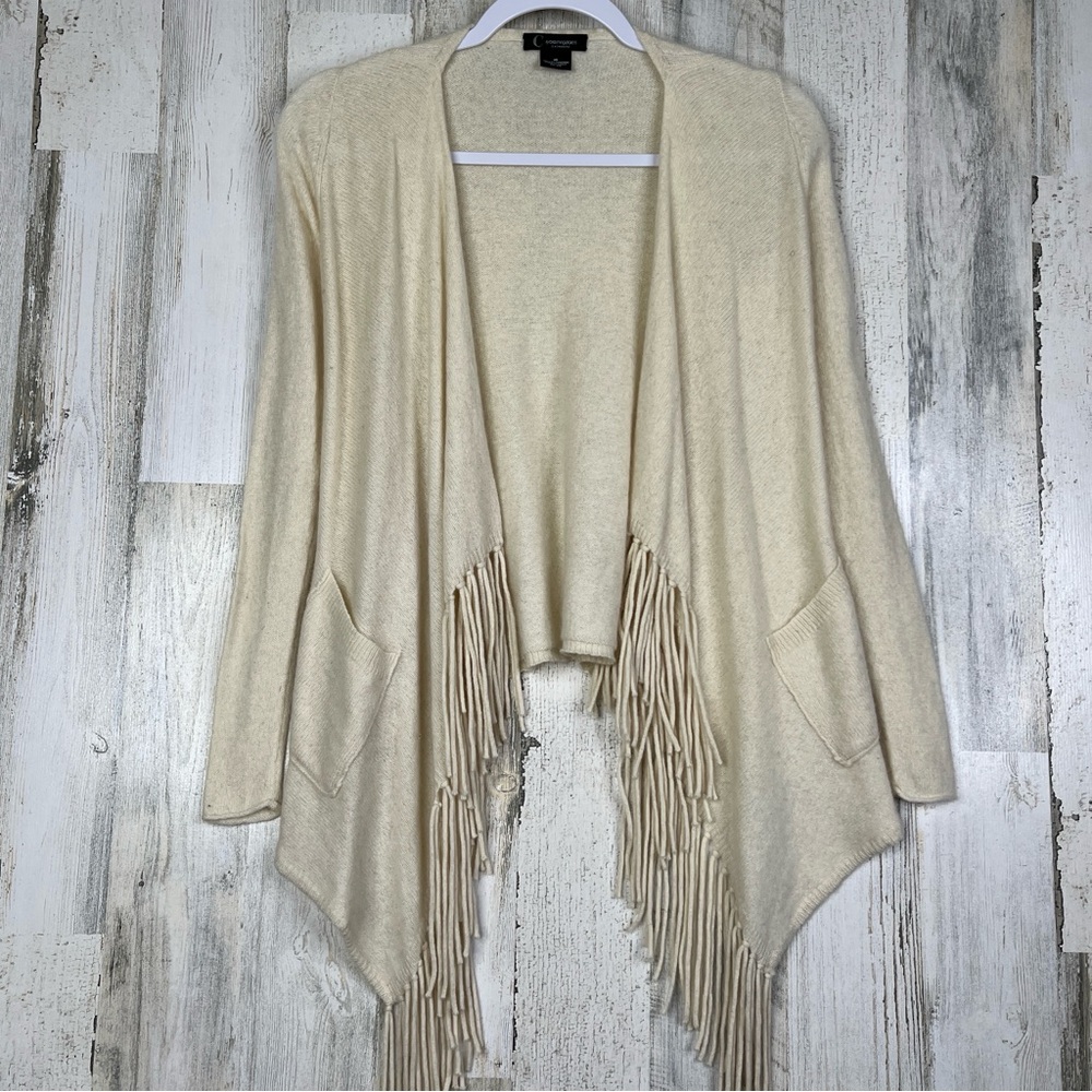 100% Cashmere Sweater Cardigan by Bloomingdale’s Open Front Drape w Fringe Ivory
